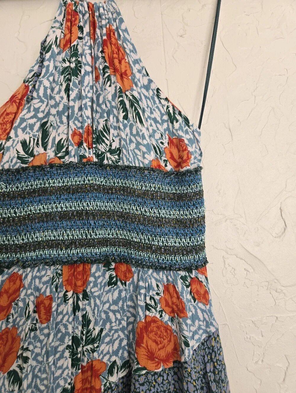 Free People Asymmetric Colorful Teal Orange Floral Halter Dress, S